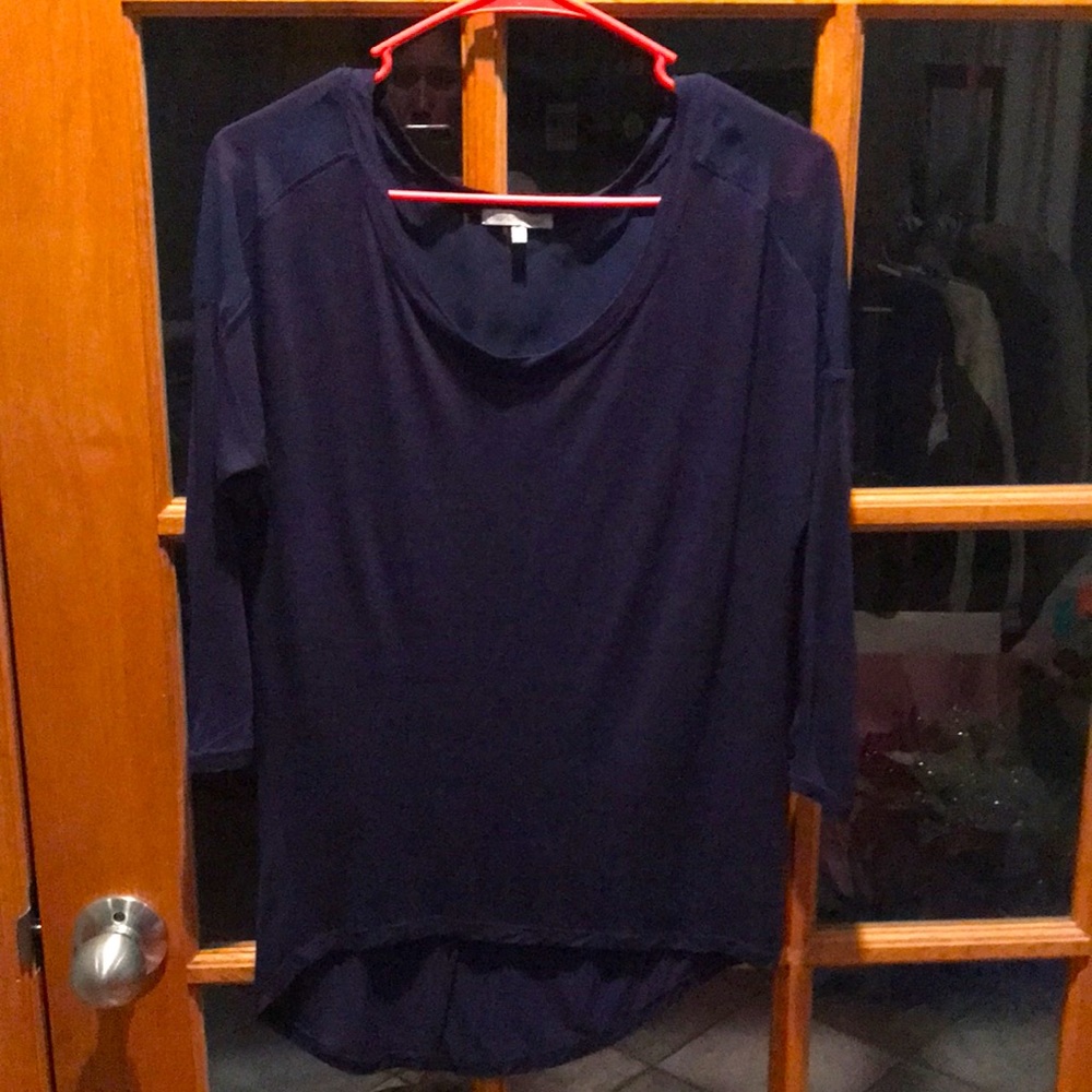Charlotte Russe Navy blue women’s tee with sheer accents and 3/4 sleeves.